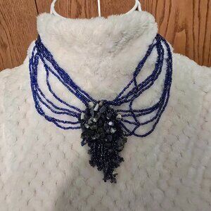 Multi Strand Blue Seed Bead Statement Necklace w/ Stone Chip Cluster Bib
